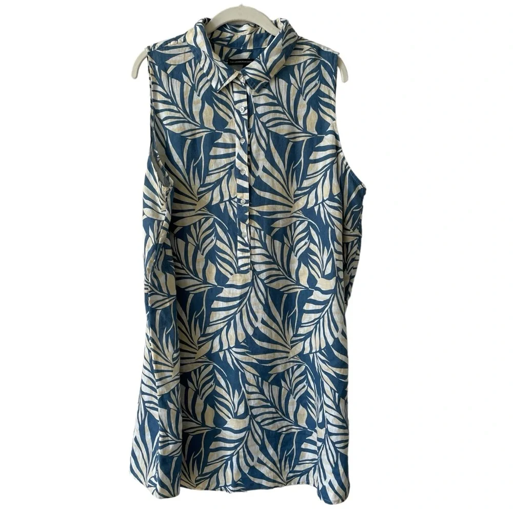 Tahari 100% Linen Blue Palm Print Tunic Top Size 1X Coastal Tropical Lagenlook